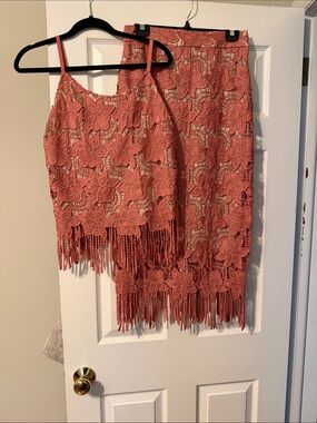Alice + Olivia Waverly Coral Lace Fringe Crop Top and Skirt Set